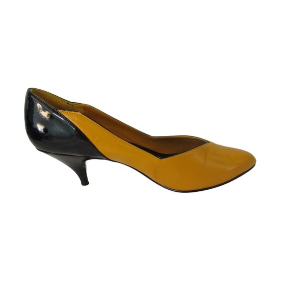 Mustard Black Colorblock 1980's Heels New Directions Show Wear IOB Man Made - Picture 6 of 12